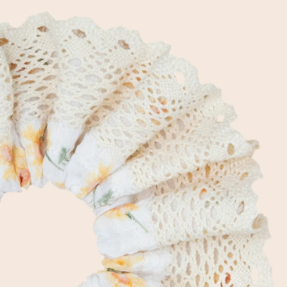 Floral Lace Scrunchie Hair Tie Cream Yellow Cottagecore Boho Kids Accessory